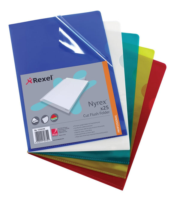 Rexel Nyrex Folder Cut Flush A4 Assorted Std 12161AS (PK25)