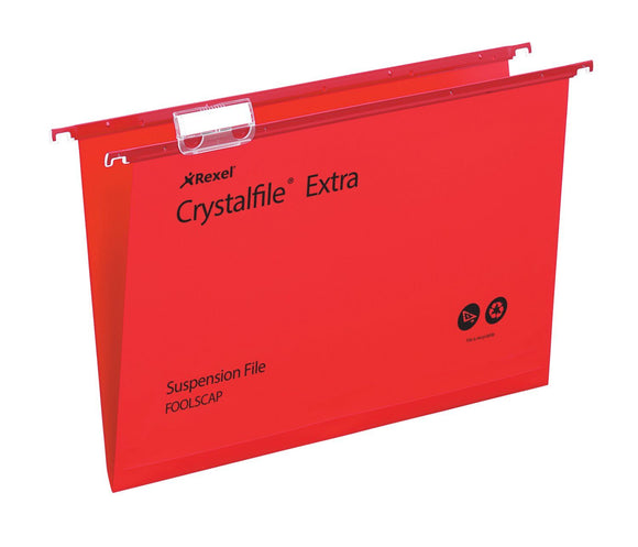 Rexel Crystalfile Extra Foolscap PP Susp File 15mm Red PK25