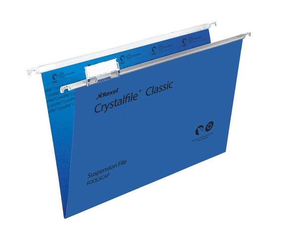 Rexel Crystalfile Classic Foolscap Susp File 15mm Blue PK50