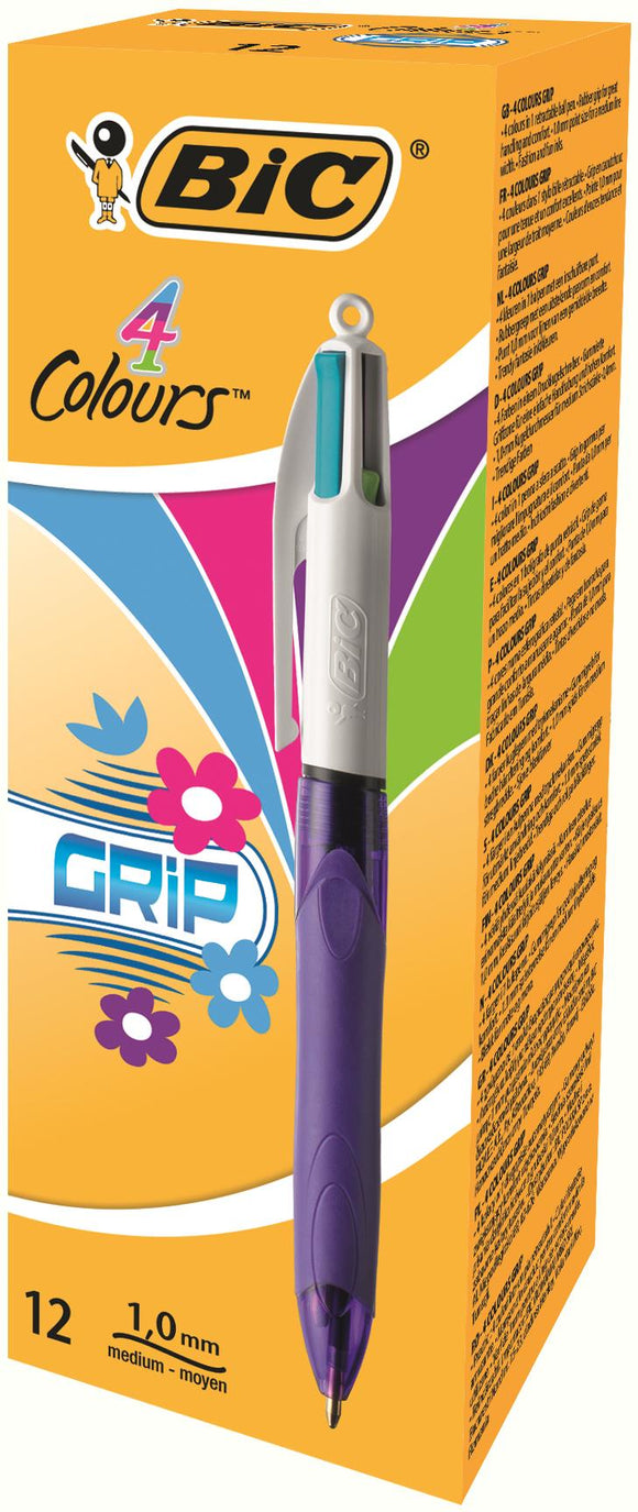 Bic 4 Colour Grip Fashion Ballpoint Pen Assorted (Pack 12)