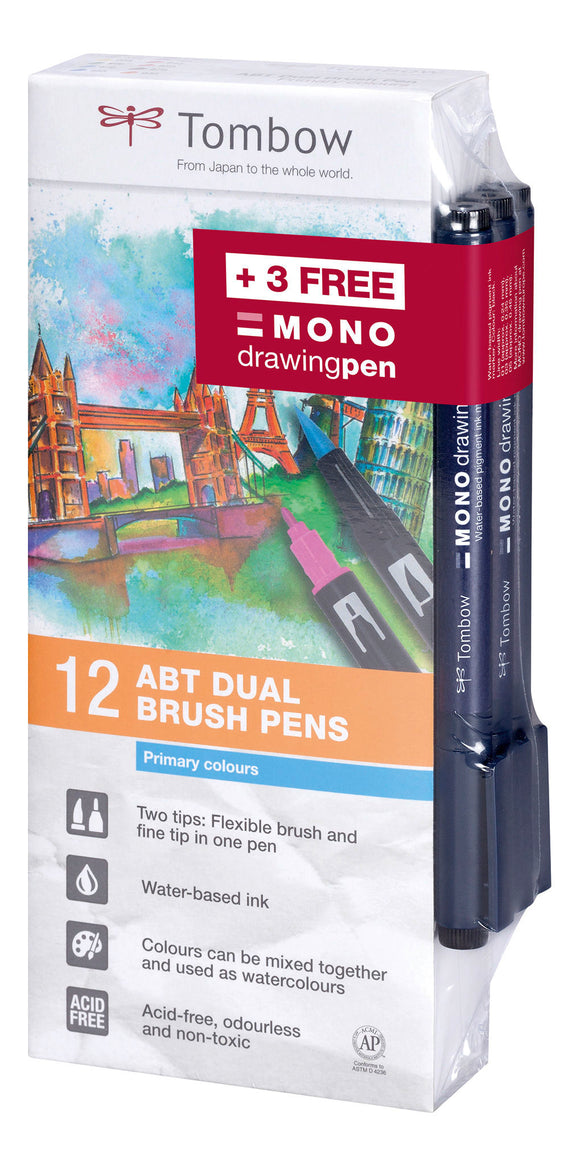 ABT dual brush pen set primary colours PK12 plus 3fineliners