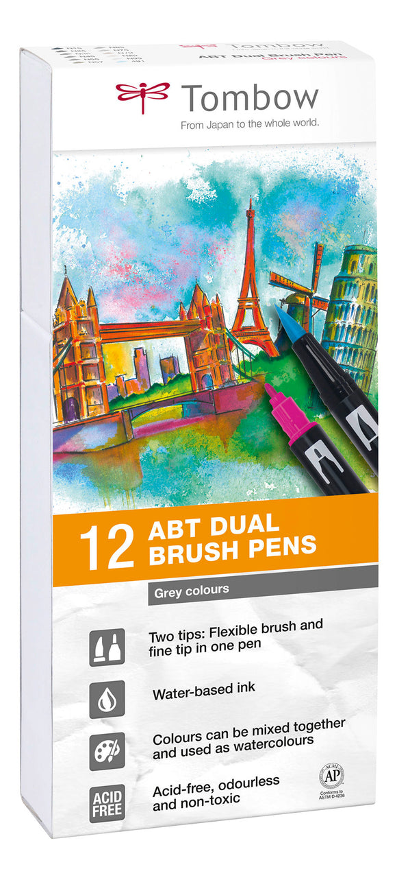 Tombow ABT Dual Brush Pen 2 tips Grey Tones PK12