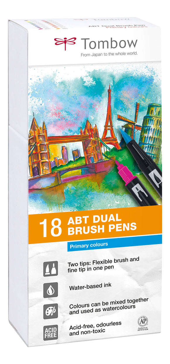 Tombow ABT Dual Brush Pen 2 tips Primary Colours PK18