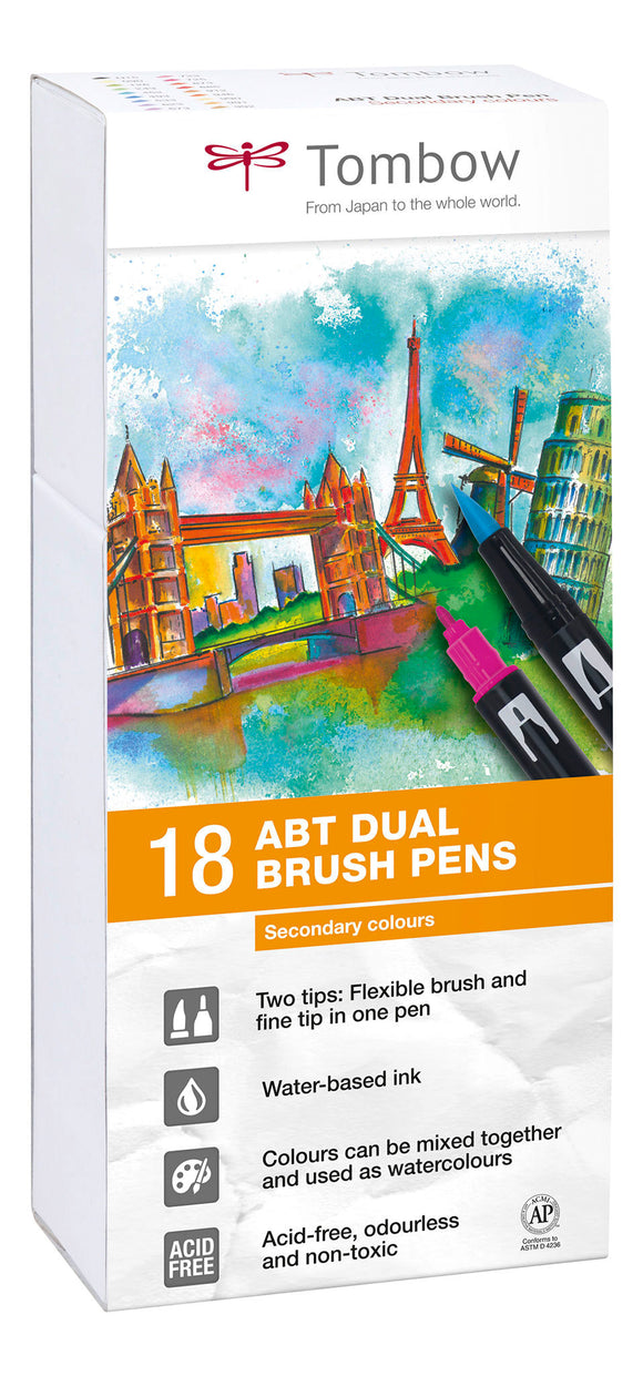 Tombow ABT Dual Brush Pen 2 tips Secondary Colours PK18