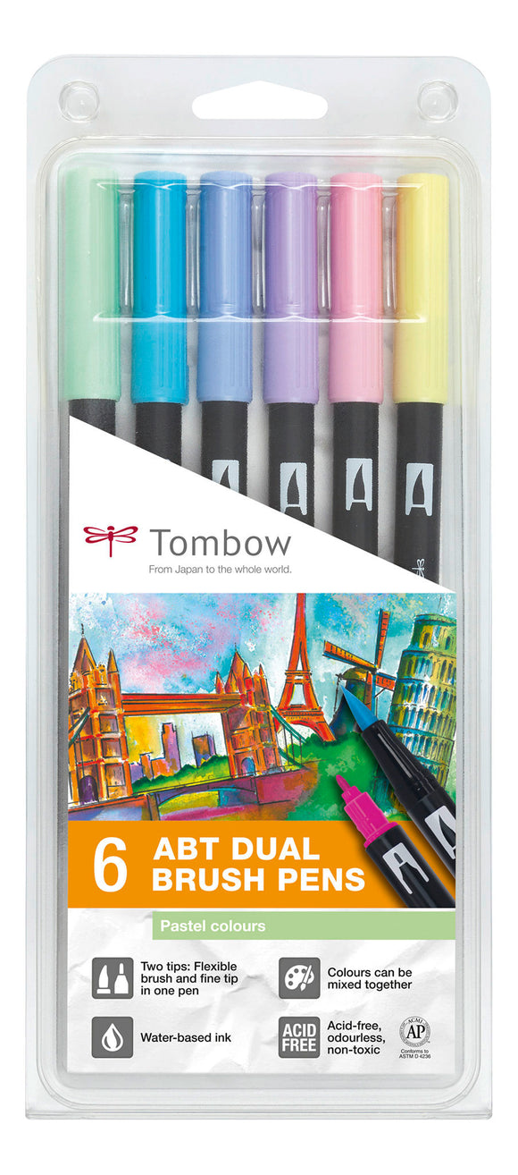 Tombow ABT Dual Brush Pen 2 tips Pastel Colours PK6