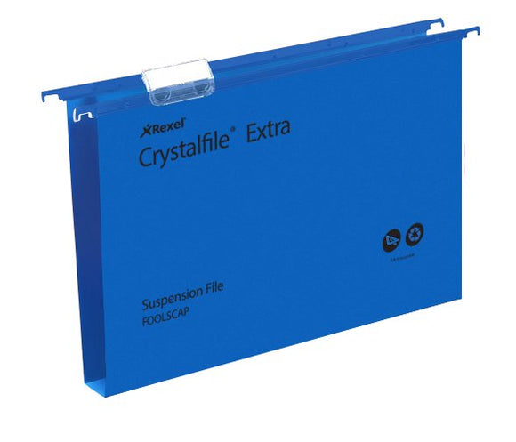Rexel Crystalfile Extra Foolscap PP Susp File 30mm Blue PK25