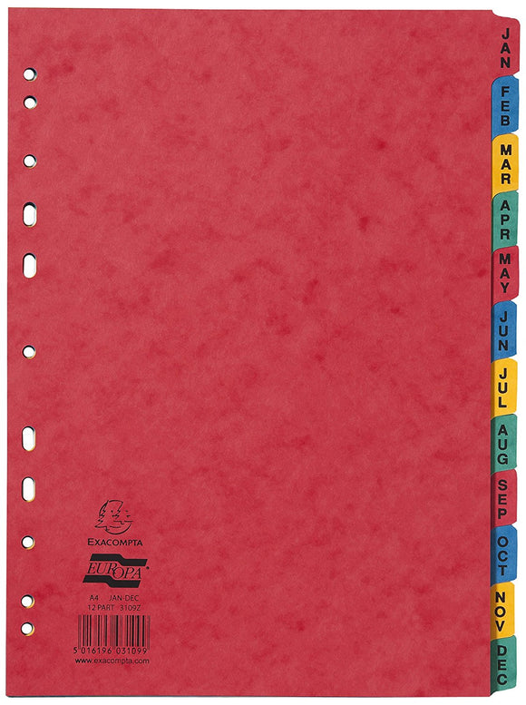 Europa Jan-Dec Dividers A4 Assorted - (PK5)