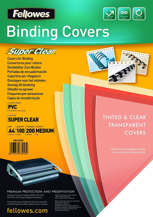 Fellowes PVC Cover A4 200 Microns Clear 5376102 (PK100)