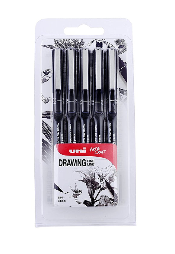 Uni ball Pin Drawing Pen Black Assorted Pk5