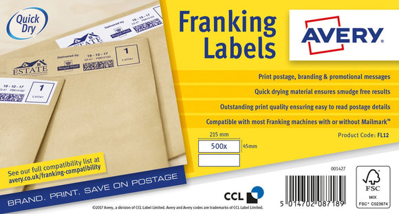 Avery Franking Labels 215x45mm WH PK1000