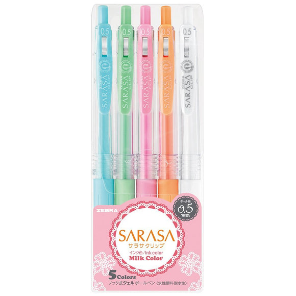 Zebra Sarasa Clip Milky Gel Pens Assorted Pack 5