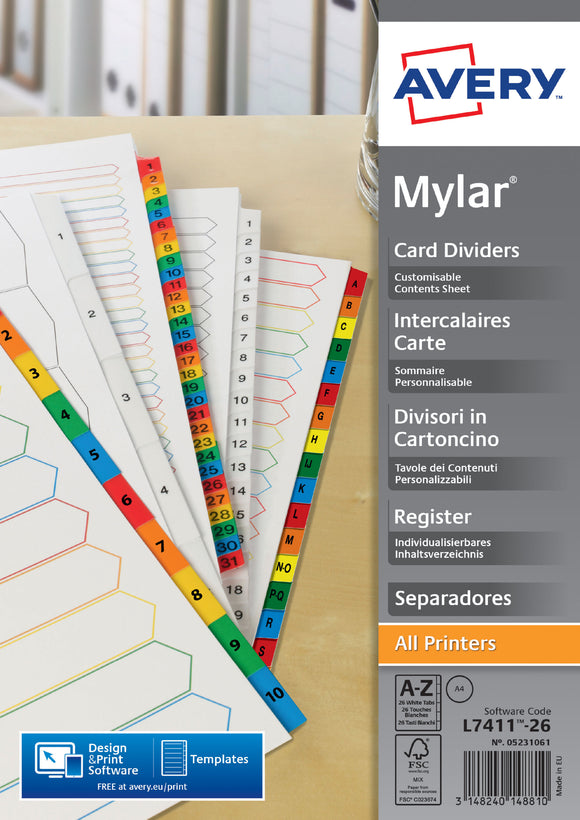 Avery Mylar A-Z Reinforced Divider Multi Punched A4 05231061