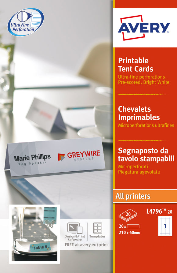 Avery Printable Tent Cards 210x60mm White L4796-20 (20Cards)