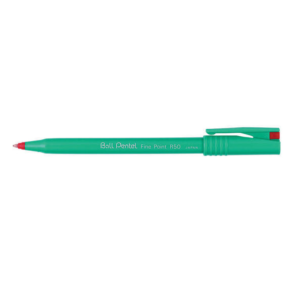 Pentel R50 Rollerball Pen Green Barrel 0.8mm Red PK12