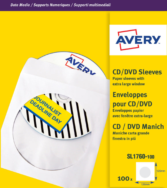 Avery CD/DVD Sleeves Window 126x126mm SL1760-100 (100Labels)